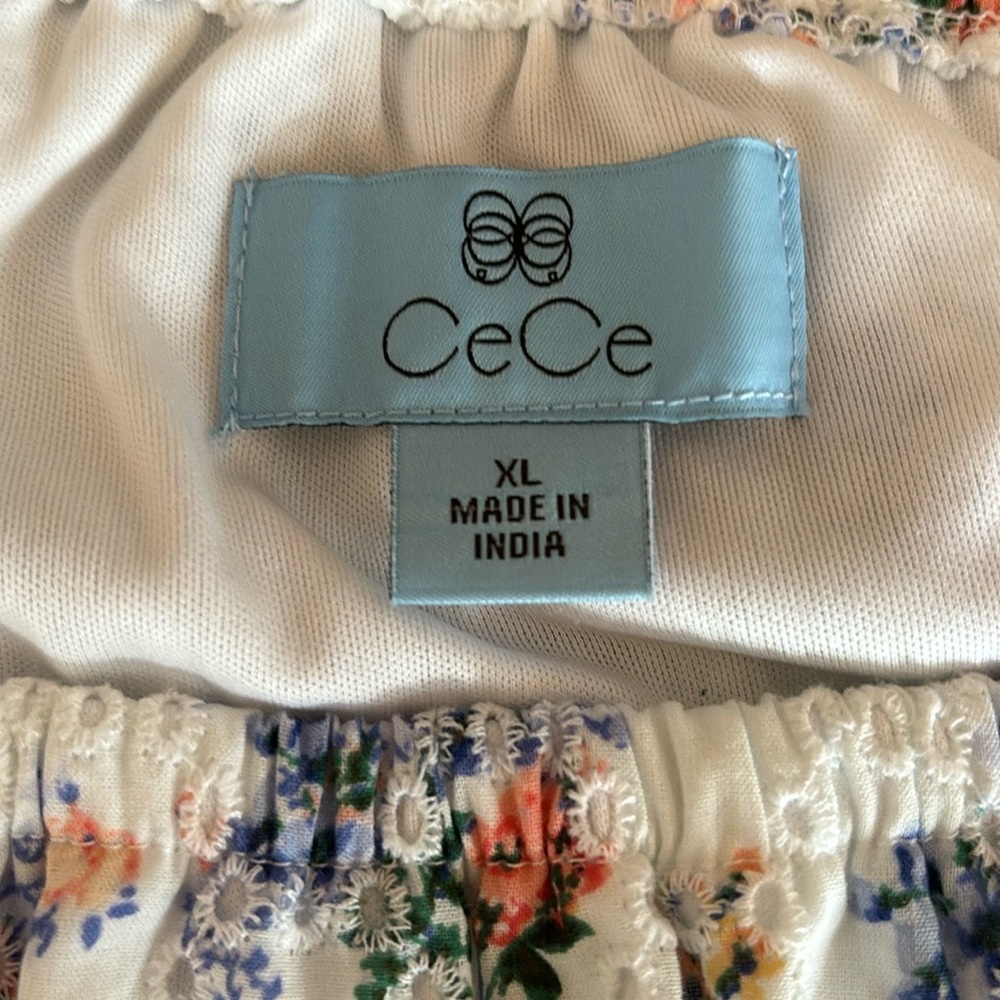CeCe balloon puffy sleeves blouse eyelet floral pattern white lined body Sz XL - Picture 11 of 14